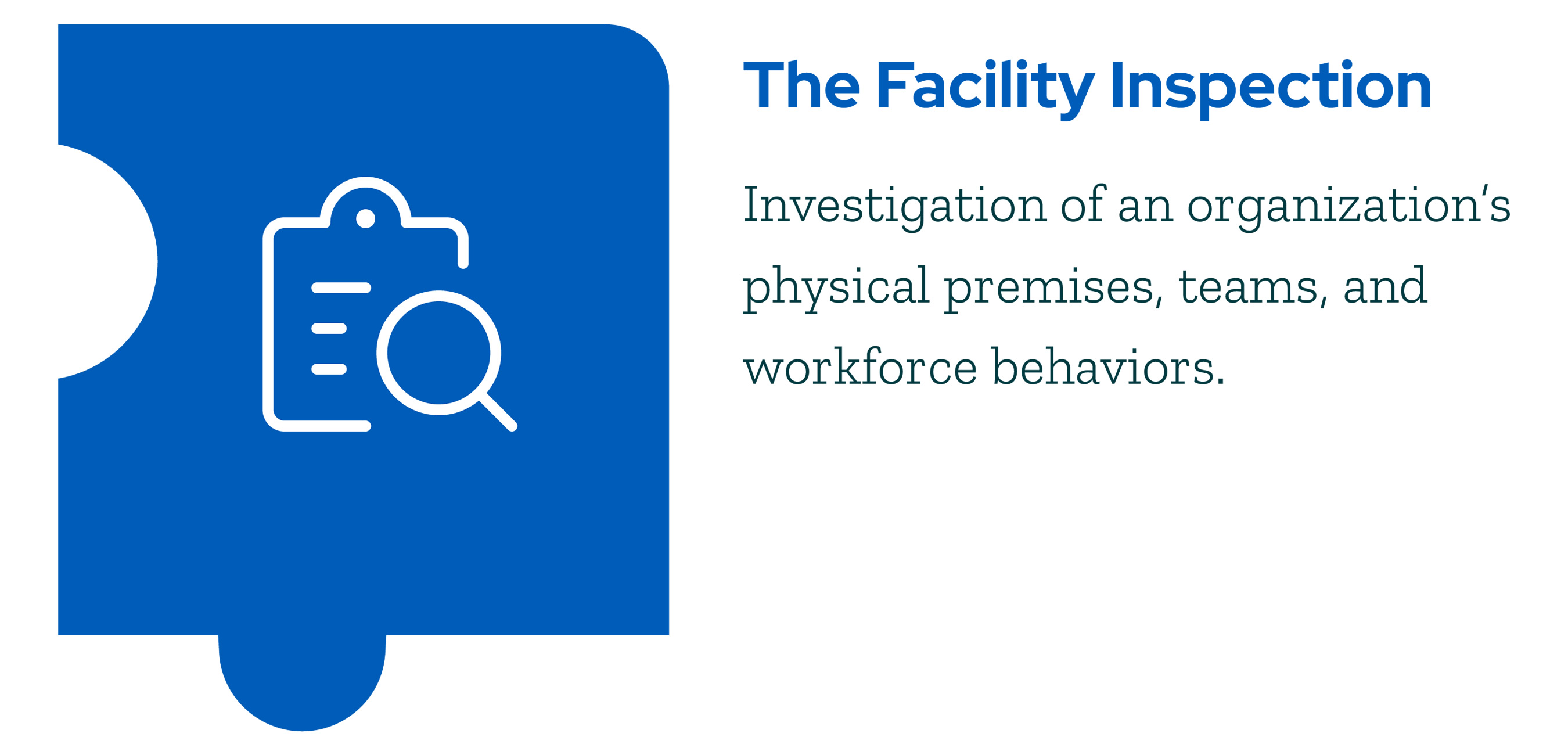 Facility Inspection - Investigation of an organization's physical premises, teams, and workforce behaviors